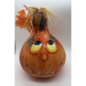 Vintage Handmade Pumpkin Gourd Figurine Large Orange Wood Straw Halloween Decor